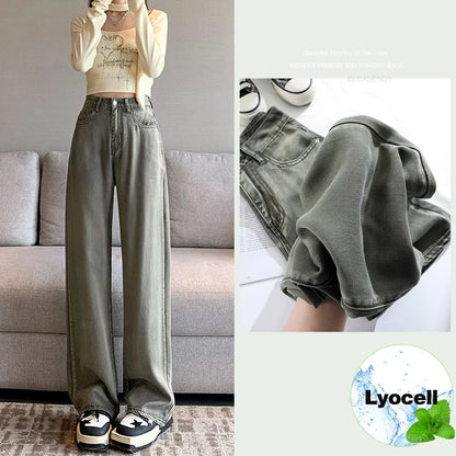 TAMBREET 100% Lyocell Fabric Summer Ultra-thin Women's Jeans High Waist Baggy Straight Soft Ice Silk Drape Cool Pants Fashion Female