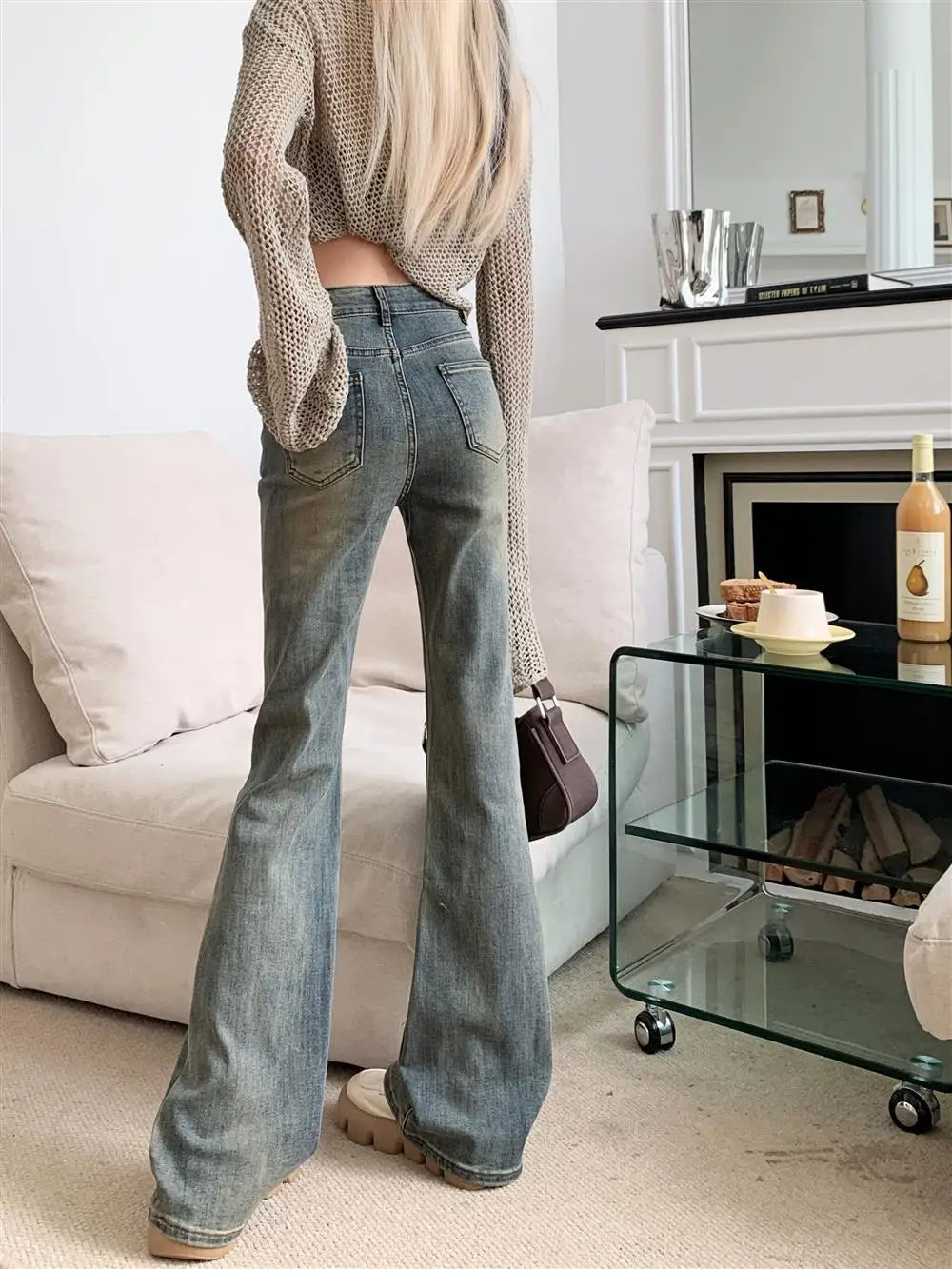 TAMBREET 150 Petite girls wash made old micro flared jeans High waisted straight leg narrow version horseshoe pants xs show height