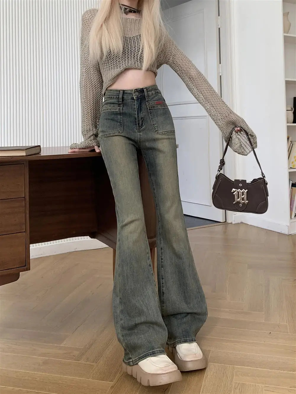 TAMBREET 150 Petite girls wash made old micro flared jeans High waisted straight leg narrow version horseshoe pants xs show height