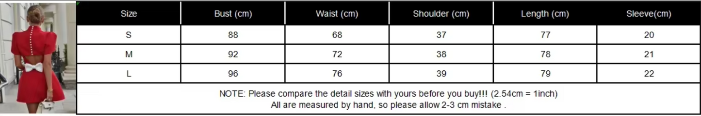 TAMBREET Fashion Red Bow Mini Dress Short Sleeve Women Pad Shoulder Dresses  Backless Hollow Out Ladies Summer Chic A-line Party Vestidos