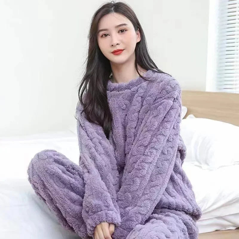 TAMBREET 1Set Autumn Women and Male Solid Warm Thicken Velvet Ribbed Fleece Set Pullover and Pants Women Casual Pajama Sets 2024