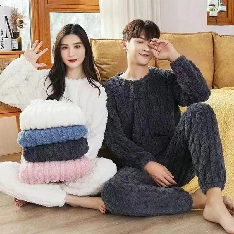 TAMBREET 1Set Autumn Women and Male Solid Warm Thicken Velvet Ribbed Fleece Set Pullover and Pants Women Casual Pajama Sets 2024