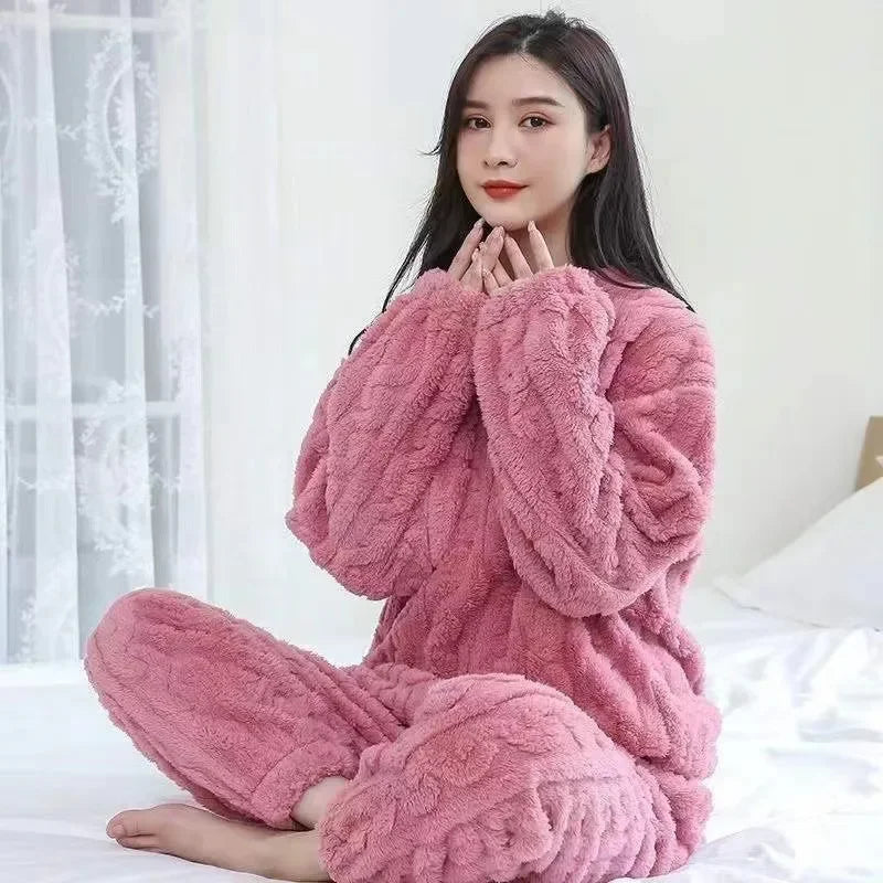 TAMBREET 1Set Autumn Women and Male Solid Warm Thicken Velvet Ribbed Fleece Set Pullover and Pants Women Casual Pajama Sets 2024