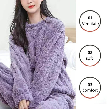 TAMBREET 1Set Autumn Women and Male Solid Warm Thicken Velvet Ribbed Fleece Set Pullover and Pants Women Casual Pajama Sets 2024