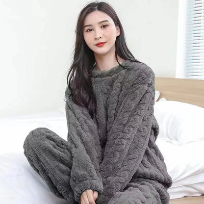 TAMBREET 1Set Autumn Women and Male Solid Warm Thicken Velvet Ribbed Fleece Set Pullover and Pants Women Casual Pajama Sets 2024