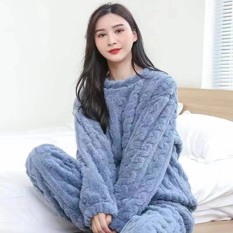 TAMBREET 1Set Autumn Women and Male Solid Warm Thicken Velvet Ribbed Fleece Set Pullover and Pants Women Casual Pajama Sets 2024