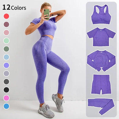 TAMBREET 2/5Piece Seamless Yoga Suit women's Fitness High Waist Tight Sportswear Gym Long Sleeve Crop Top High Waist Leggings Sports Suit