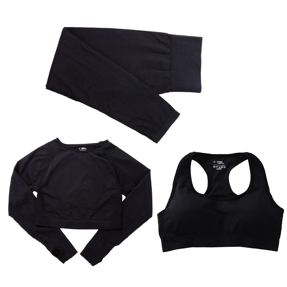 TAMBREET 2/5Piece Seamless Yoga Suit women's Fitness High Waist Tight Sportswear Gym Long Sleeve Crop Top High Waist Leggings Sports Suit