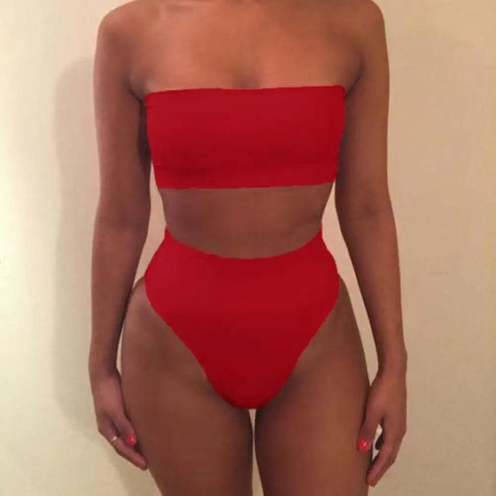 TAMBREET 2 Pcs/Set Women Bikini Set Solid Color Elastic High Waist Strapless Lady Swimsuit Summer Sleeveelss Bathing Suit for Swimming