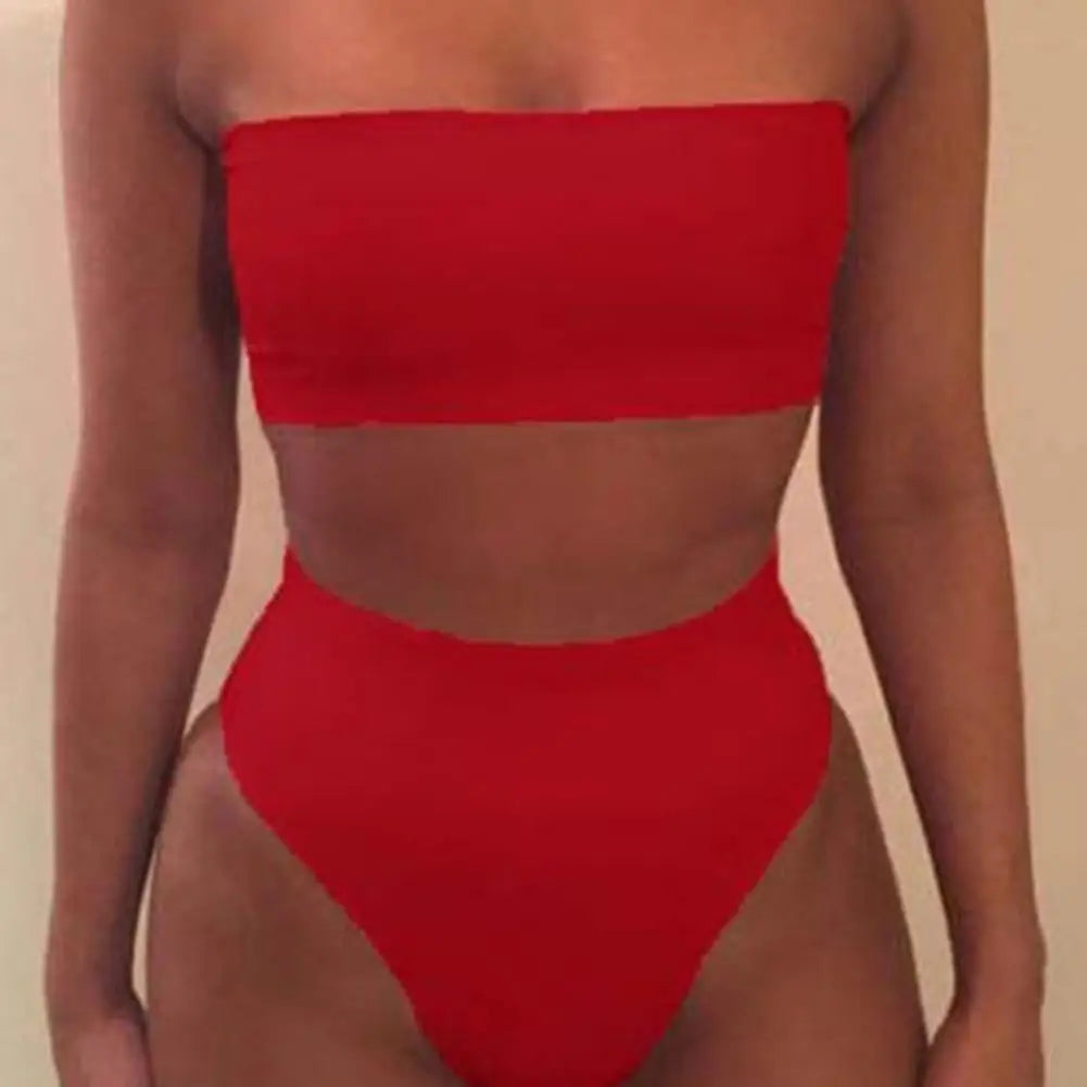 TAMBREET 2 Pcs/Set Women Bikini Set Solid Color Elastic High Waist Strapless Lady Swimsuit Summer Sleeveelss Bathing Suit for Swimming