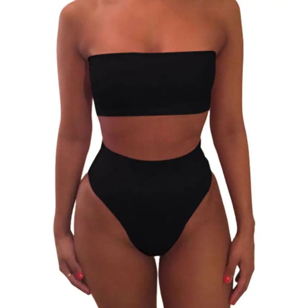 TAMBREET 2 Pcs/Set Women Bikini Set Solid Color Elastic High Waist Strapless Lady Swimsuit Summer Sleeveelss Bathing Suit for Swimming