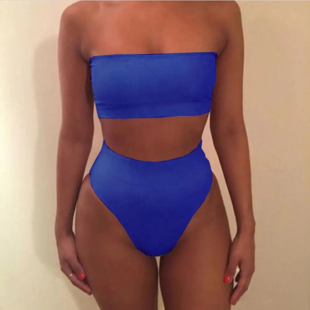 TAMBREET 2 Pcs/Set Women Bikini Set Solid Color Elastic High Waist Strapless Lady Swimsuit Summer Sleeveelss Bathing Suit for Swimming