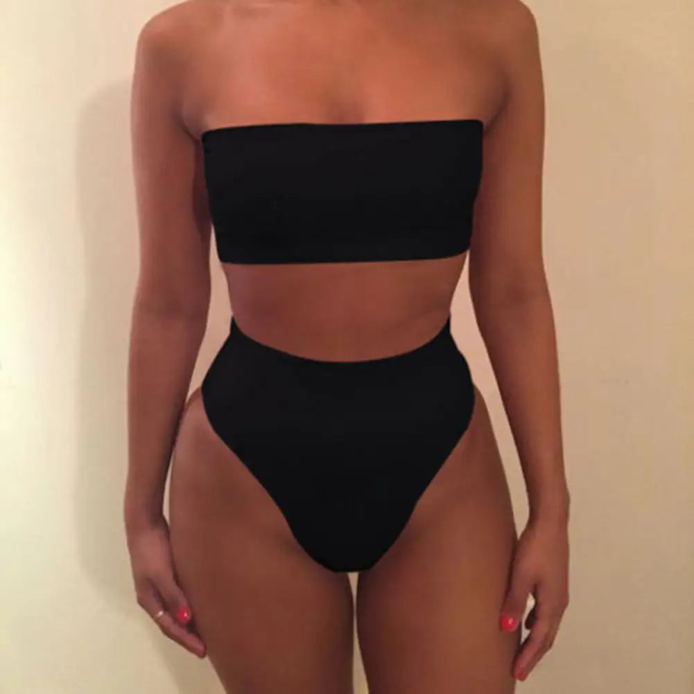 TAMBREET 2 Pcs/Set Women Bikini Set Solid Color Elastic High Waist Strapless Lady Swimsuit Summer Sleeveelss Bathing Suit for Swimming