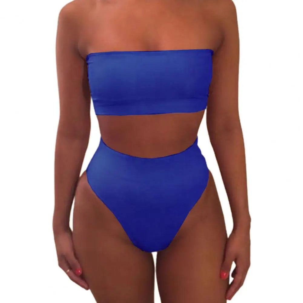 TAMBREET 2 Pcs/Set Women Bikini Set Solid Color Elastic High Waist Strapless Lady Swimsuit Summer Sleeveelss Bathing Suit for Swimming