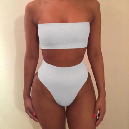 TAMBREET 2 Pcs/Set Women Bikini Set Solid Color Elastic High Waist Strapless Lady Swimsuit Summer Sleeveelss Bathing Suit for Swimming