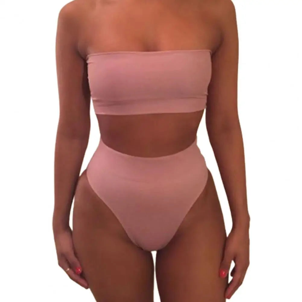 TAMBREET 2 Pcs/Set Women Bikini Set Solid Color Elastic High Waist Strapless Lady Swimsuit Summer Sleeveelss Bathing Suit for Swimming