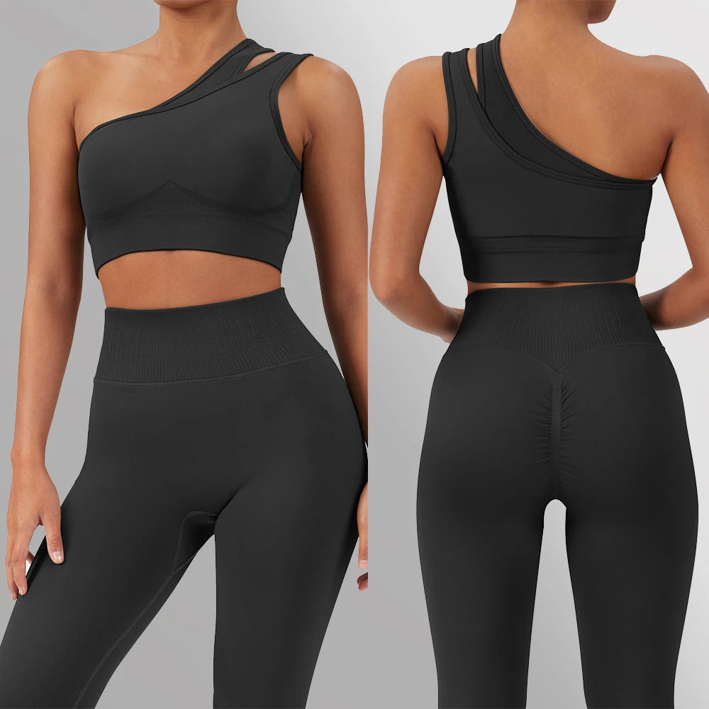 TAMBREET 2 Pcs Yoga Set Women Seamless Gym Sportswear Outfits Workout Fitness Gym Clothing One Shoulder Sports Suit for Fitness Women