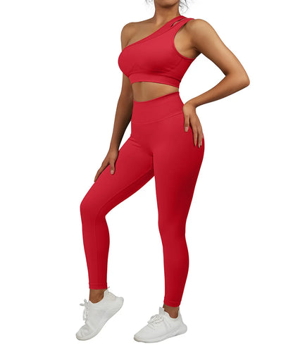 TAMBREET 2 Pcs Yoga Set Women Seamless Gym Sportswear Outfits Workout Fitness Gym Clothing One Shoulder Sports Suit for Fitness Women