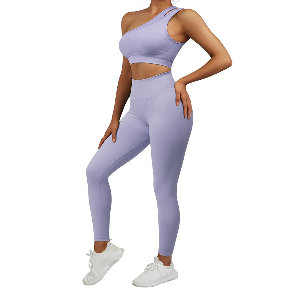 TAMBREET 2 Pcs Yoga Set Women Seamless Gym Sportswear Outfits Workout Fitness Gym Clothing One Shoulder Sports Suit for Fitness Women