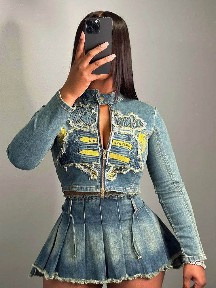 TAMBREET 2 Piece Denim Sets Womens Outfits Real Denim Long Sleeve Zipper Jacket Hot Sexy Outfit with Skirt Sweet Style Ladies Skirt Suit