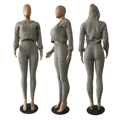 TAMBREET 2 Piece Sets Womens Outfits Fashion Long Sleeve Cable Knit Hooded Sweater & Pants Suit Streetwear 2024 Autumn Winter Casual New