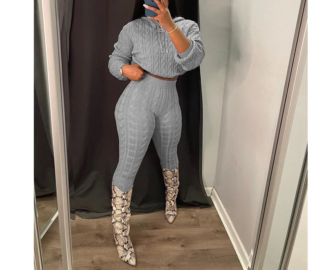 TAMBREET 2 Piece Sets Womens Outfits Fashion Long Sleeve Cable Knit Hooded Sweater & Pants Suit Streetwear 2024 Autumn Winter Casual New