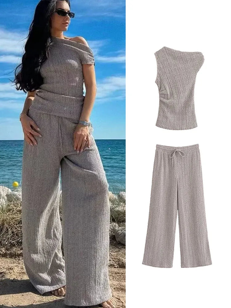 TAMBREET 2 Piece Vintage Casual Chic Women Solid Suit Asymmetrical Sleeveless Top Lace-up Long Pants New Fashion 2024 Summer Sets