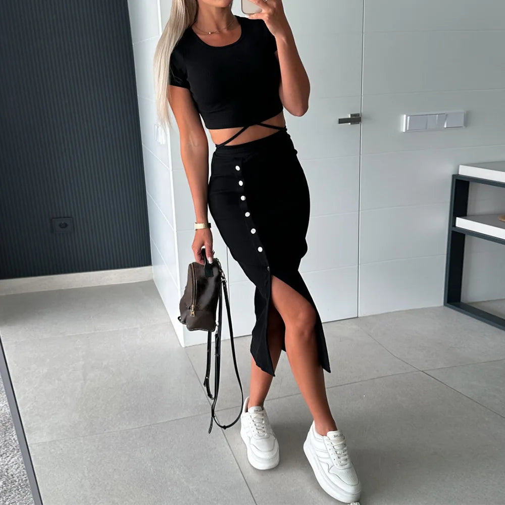 TAMBREET 2 Piece Women Dress Set For 2024 Summer Clothing Fashion Korean Casual Slim Hip Sexy Femal Outfit Hots Girl Bodycon Y2K Crop Dre