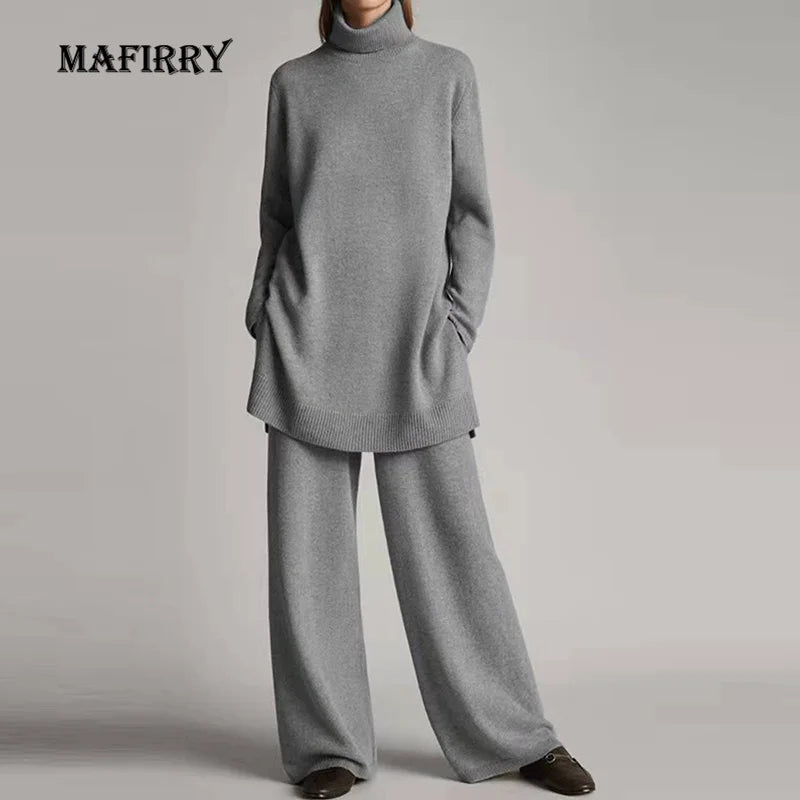 TAMBREET 2-Piece Women's Set Loose Long Sleeve Turtleneck Wide Leg Pants Ladies Outfit New Loungewear Streetwear Pocket Suit Dropshipping