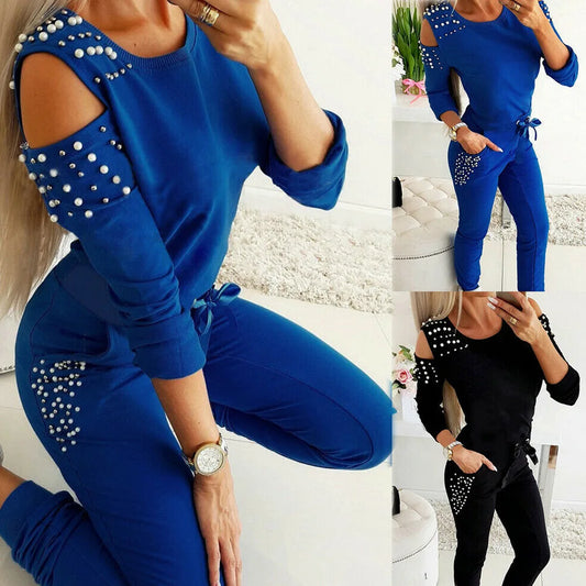 TAMBREET 2 Pieces Set Women Spring autumn sexy nail bead tops+pants pure color off shoulder hollow out o collar Sports suit ZXP9596