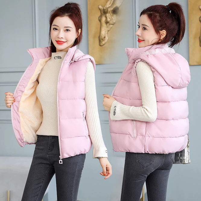 TAMBREET 2021 New Plush Women's Autumn  Winter Down Cotton Vest With Hat Zipper Girls Leisure Vest Outdoor warm coat White