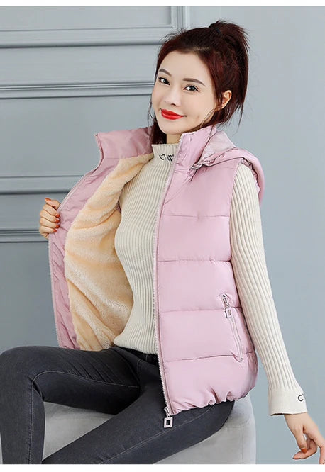 TAMBREET 2021 New Plush Women's Autumn  Winter Down Cotton Vest With Hat Zipper Girls Leisure Vest Outdoor warm coat White