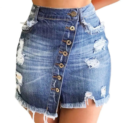 TAMBREET 2024 New Women Short Denim Skirt High Waist Ripped Holes Denim Multi Breasted Irregular Tassel Denim Black Blue Skirt Streetwear