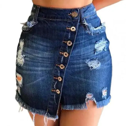 TAMBREET 2024 New Women Short Denim Skirt High Waist Ripped Holes Denim Multi Breasted Irregular Tassel Denim Black Blue Skirt Streetwear