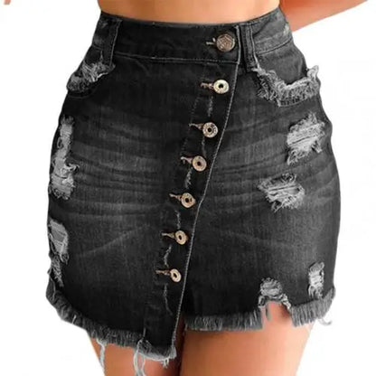 TAMBREET 2024 New Women Short Denim Skirt High Waist Ripped Holes Denim Multi Breasted Irregular Tassel Denim Black Blue Skirt Streetwear