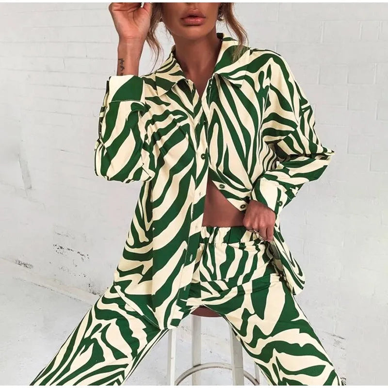 TAMBREET 2022 Cross border Hot Edition Street Trendy Print Trouser Set Long Sleeve Full Screen Print Off Shoulder Shirt Set