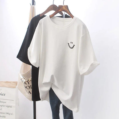 TAMBREET 2024 Korean Batwing Short Sleeve Loose T-shirts Casual Women Floral Print Happy Face Black White All Match Trend Tee Top