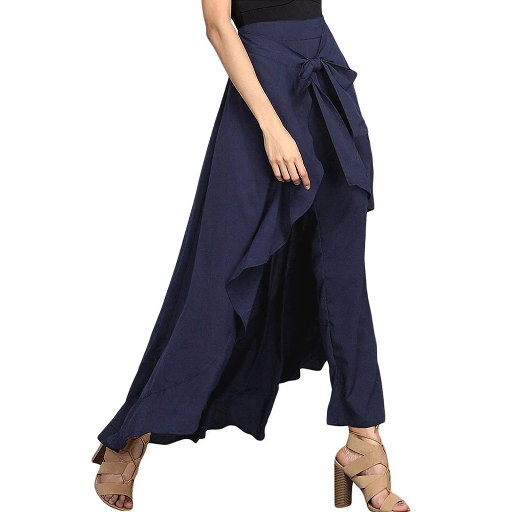 TAMBREET 2024 Autumn Elegant Women Solid Pants Causal Ruffle Drawstring Trouser High Waist Irregular Loose Pure Color Female Pant Skirt