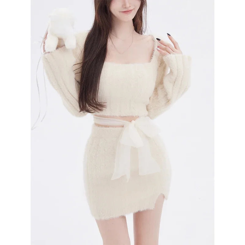 TAMBREET 2024 Autumn Knitted Sweater Suits Female Elegant 2 Piece Skirts Korean Fashion Even Party Y2k Crop Tops Japanese Kawaii Clothing