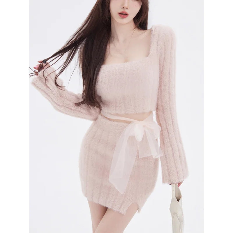 TAMBREET 2024 Autumn Knitted Sweater Suits Female Elegant 2 Piece Skirts Korean Fashion Even Party Y2k Crop Tops Japanese Kawaii Clothing