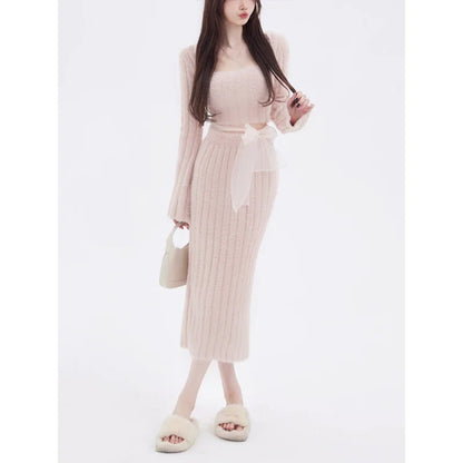 TAMBREET 2024 Autumn Knitted Sweater Suits Female Elegant 2 Piece Skirts Korean Fashion Even Party Y2k Crop Tops Japanese Kawaii Clothing