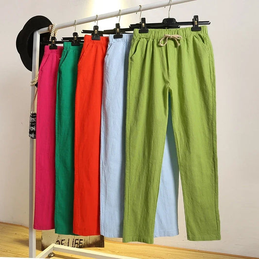 TAMBREET 2024 Cotton Linen Women Pants Spring Summer Green Harem Pants Solid Elastic Waist Harem Trousers Soft High Quality Women's Pants