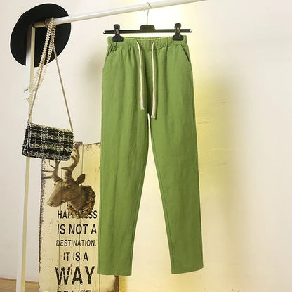 TAMBREET 2024 Cotton Linen Women Pants Spring Summer Green Harem Pants Solid Elastic Waist Harem Trousers Soft High Quality Women's Pants