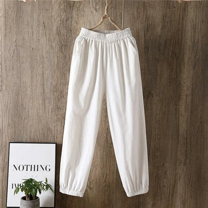 TAMBREET 2024 Cotton Linen Women Pants Spring Summer Green Harem Pants Solid Elastic Waist Harem Trousers Soft High Quality Women's Pants