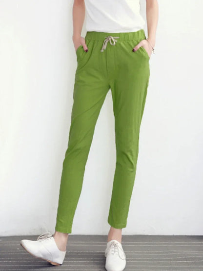 TAMBREET 2024 Cotton Linen Women Pants Spring Summer Green Harem Pants Solid Elastic Waist Harem Trousers Soft High Quality Women's Pants