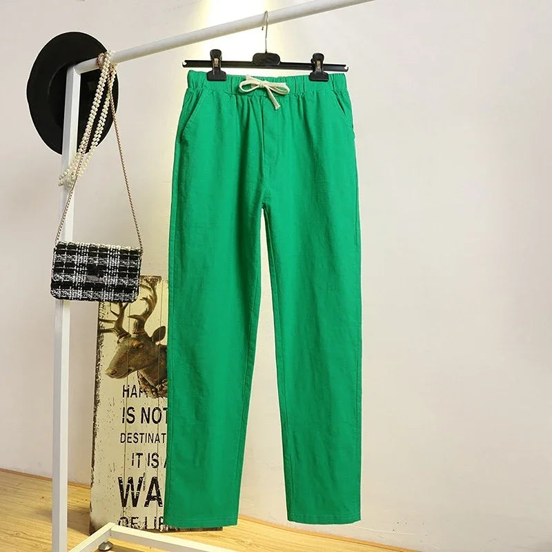 TAMBREET 2024 Cotton Linen Women Pants Spring Summer Green Harem Pants Solid Elastic Waist Harem Trousers Soft High Quality Women's Pants