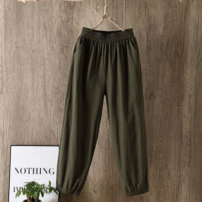 TAMBREET 2024 Cotton Linen Women Pants Spring Summer Green Harem Pants Solid Elastic Waist Harem Trousers Soft High Quality Women's Pants