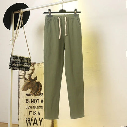 TAMBREET 2024 Cotton Linen Women Pants Spring Summer Green Harem Pants Solid Elastic Waist Harem Trousers Soft High Quality Women's Pants