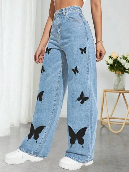 TAMBREET 2024 Fall Trousers High Waist Butterfly Print Y2K Jeans For Women Fashion Loose Denim Straight Leg Pants Casual Clothing XS-L