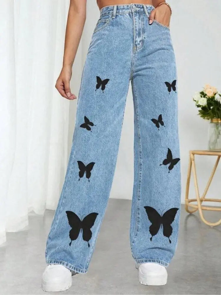 TAMBREET 2024 Fall Trousers High Waist Butterfly Print Y2K Jeans For Women Fashion Loose Denim Straight Leg Pants Casual Clothing XS-L